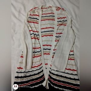 Westport red white blue and tan cardigan.